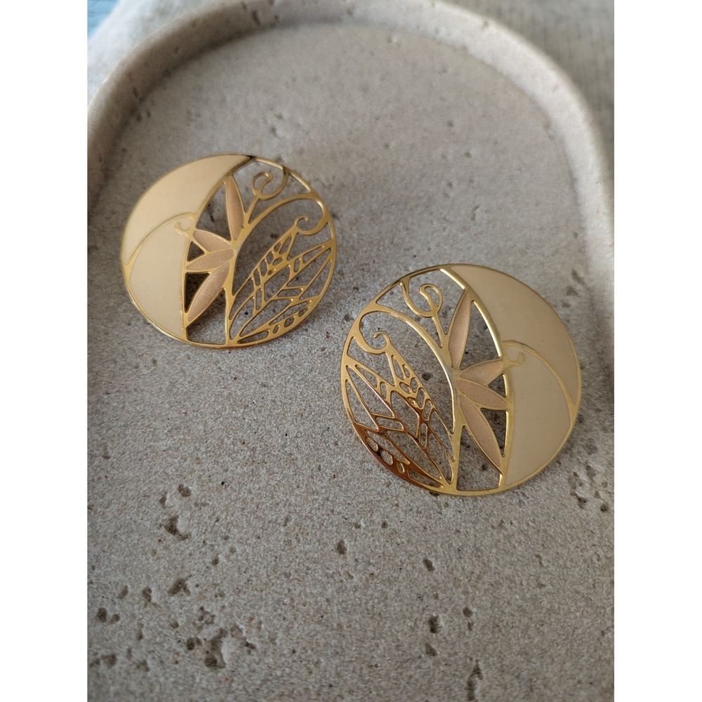 Art Nouveau Style Earrings Flesh‎ Enamel Gold Tone Large Round Artsy Studs